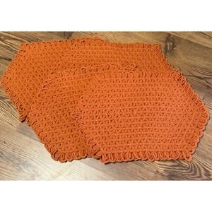 Vintage 70s Orange Brown (4) Handmade Crochet Placemats Granny MCM Flower Double